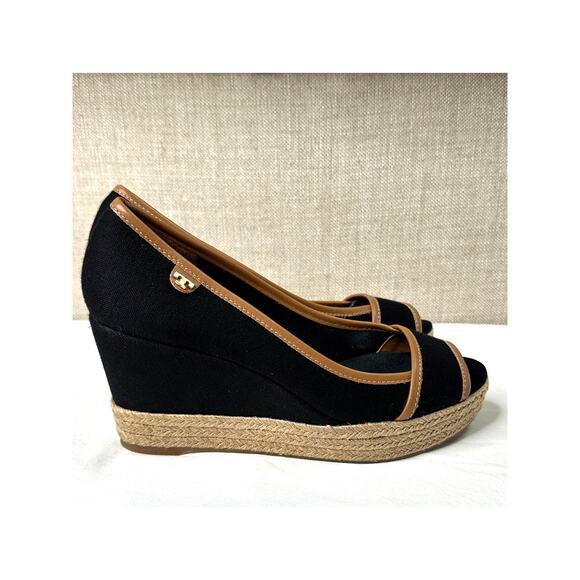 Tory Burch Majorca Wedge Sandal Peep Toe Black Canvas Espadrille Size 9 - Picture 7 of 13